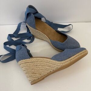 Blue Wedge Shoes with Ankle Tie Size 7